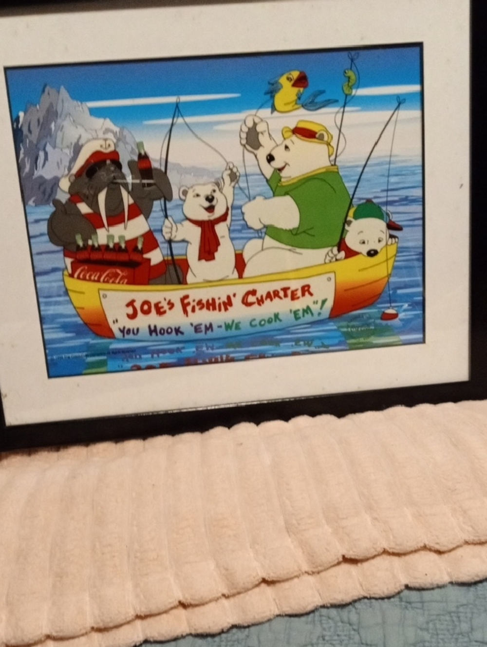 Coca Cola Polar Bears Fishing Boat Print - Yellow, Red, Blue, Green